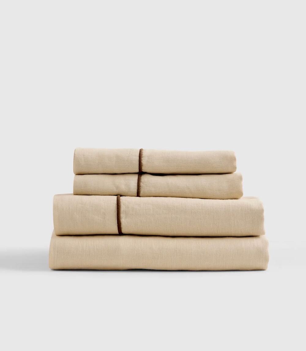 Quince European Linen Piped Sheet Set Oat/Espresso Queen size NWT